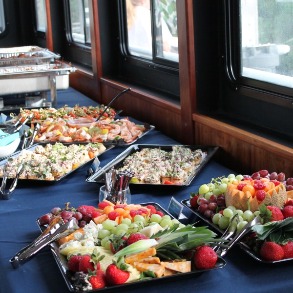 buffet with blue tables